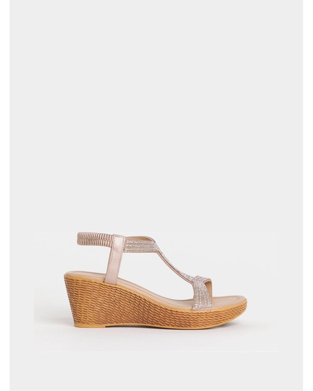 JD Williams Natural Rose Extra Wide Fit Sparkly T Bar Pattern Wedge Sandals