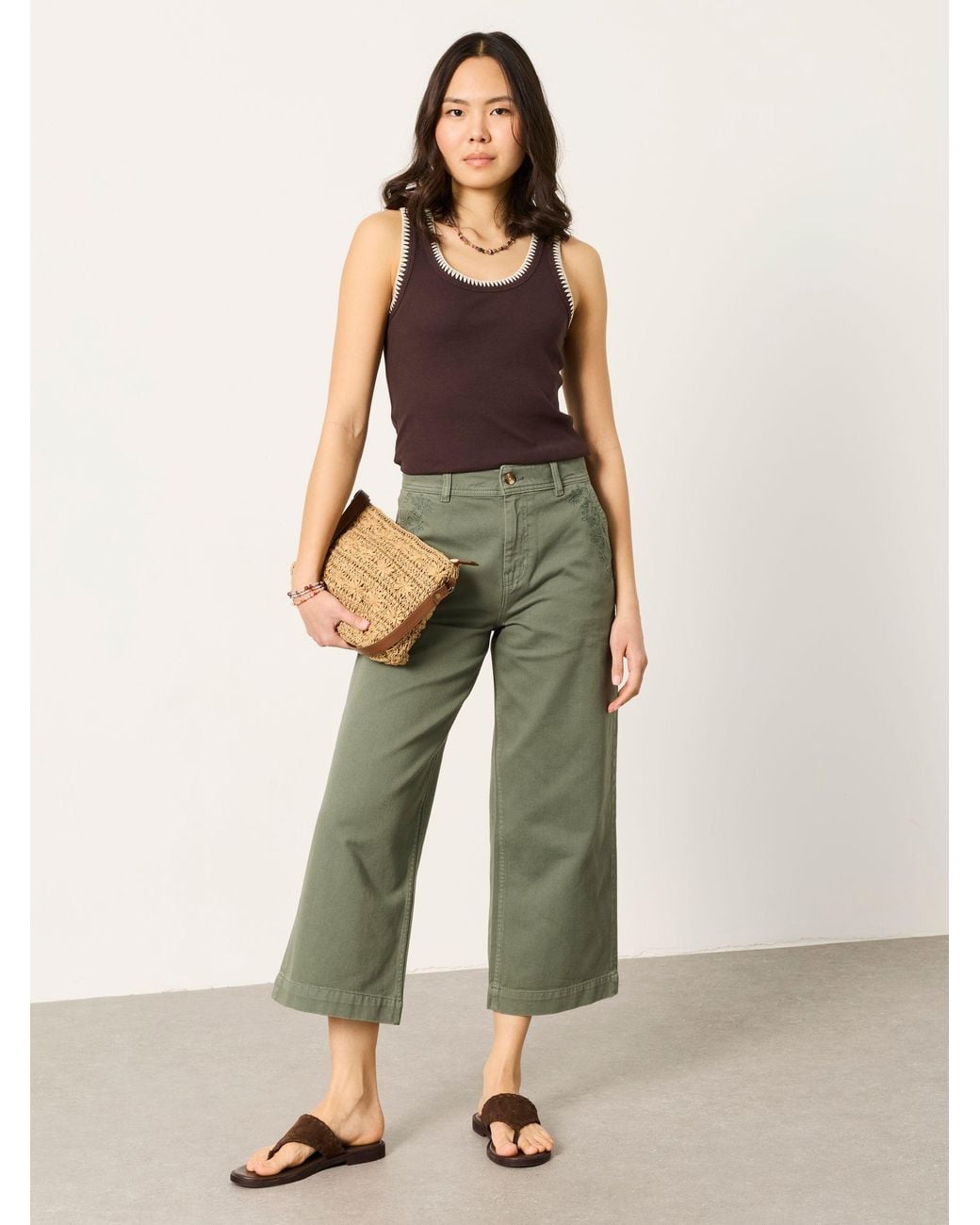 FatFace Green Hove Embroidered Wide Leg Crop Trouser
