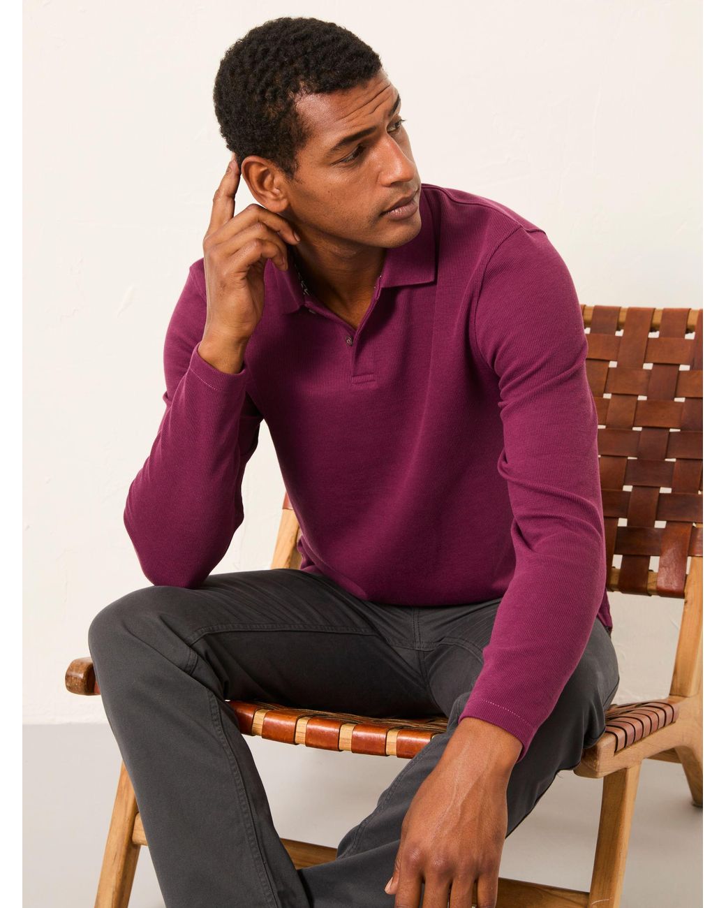 FatFace Purple Ayr Long Sleeve Ribbed Polo Shirt for men