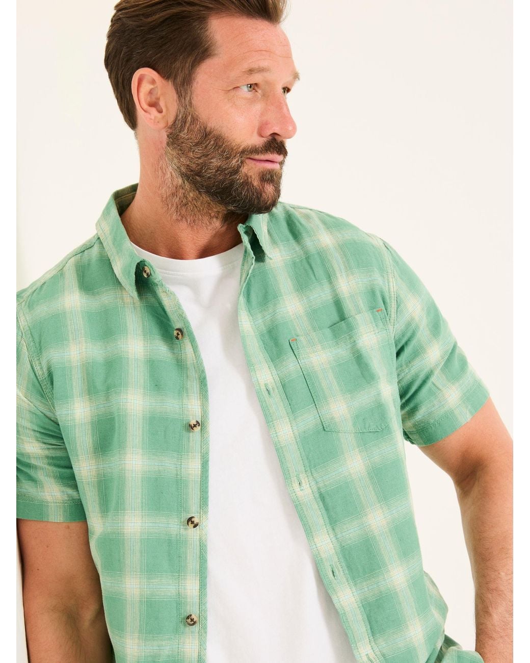 FatFace Green Short Sleeve Basel Check Shirt for men