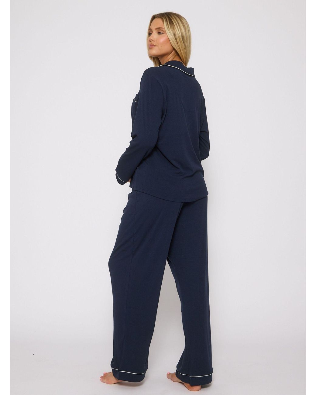 Loungeable Blue Trim Long Sleeve Soft Rib Button Through Pyjamas