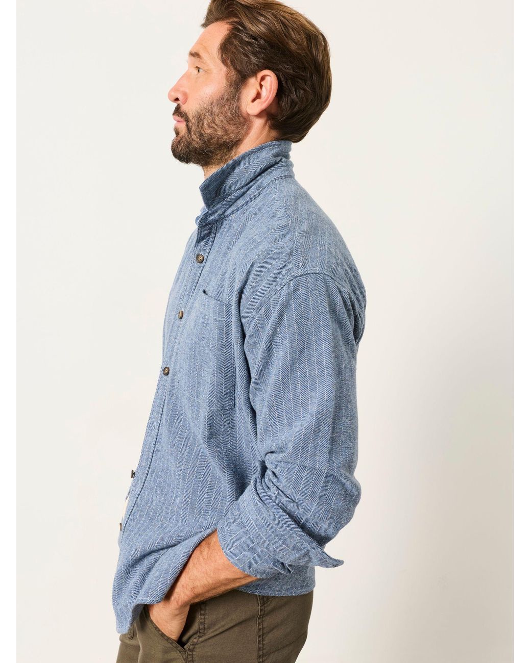 FatFace Blue Fatface Long Sleeve Relaxed Fit Herringbone Stripe Brushed Shirt for men