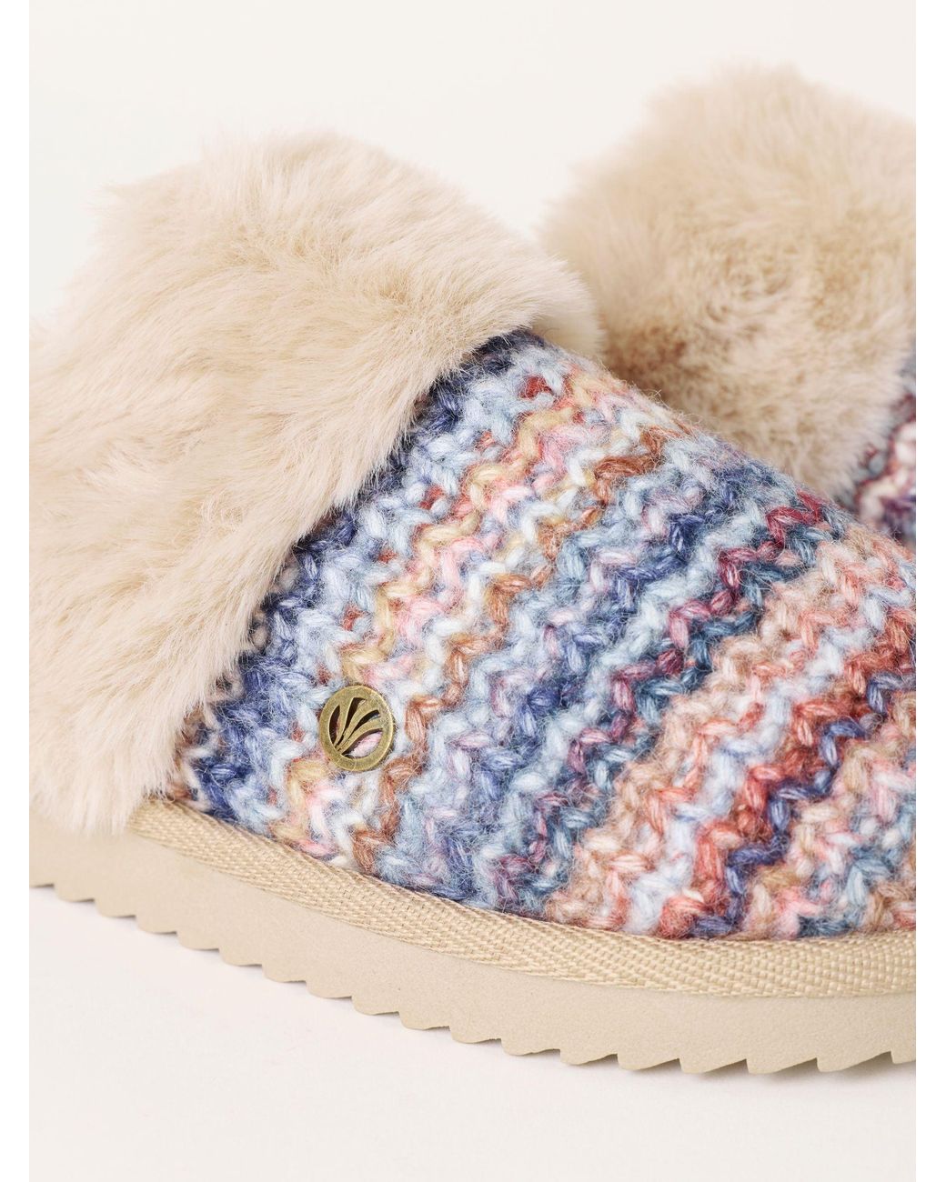 FatFace Blue Kaia Faux Fur Knitted Mule