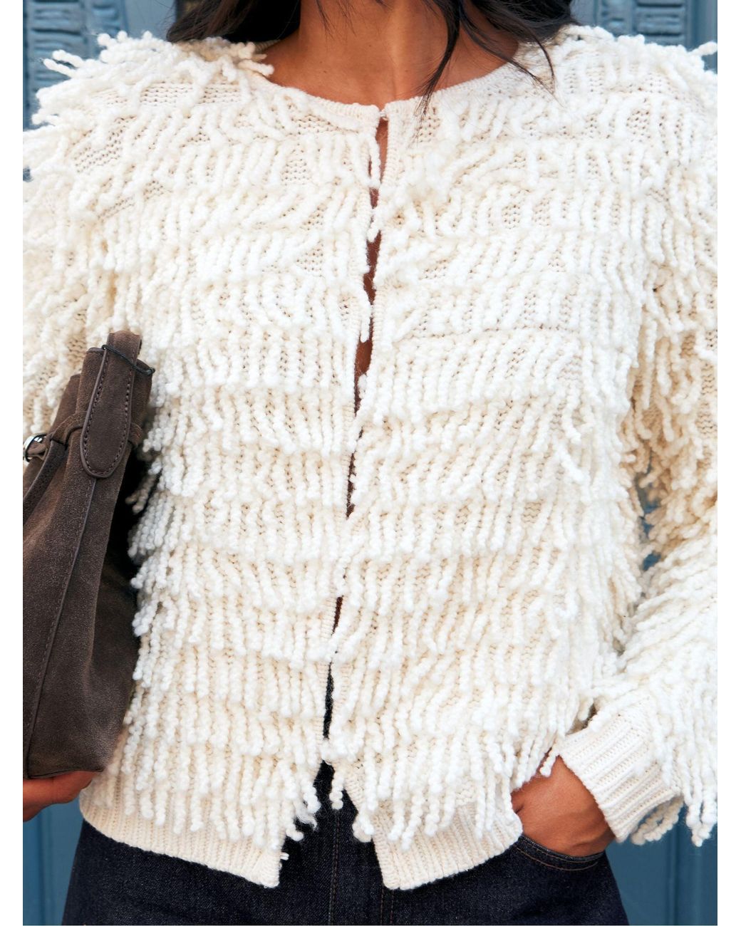 Ro & Zo White Loop Knit Wool Blend Jacket