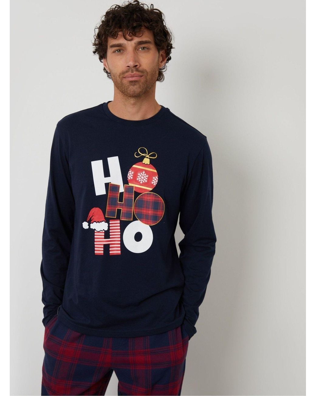 Threadbare Blue Long Check Christmas Pyjamas Set for men