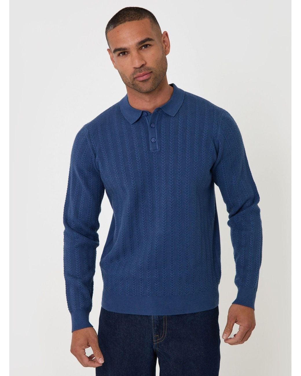Threadbare Blue Textured Cable Knit Polo Jumper for men