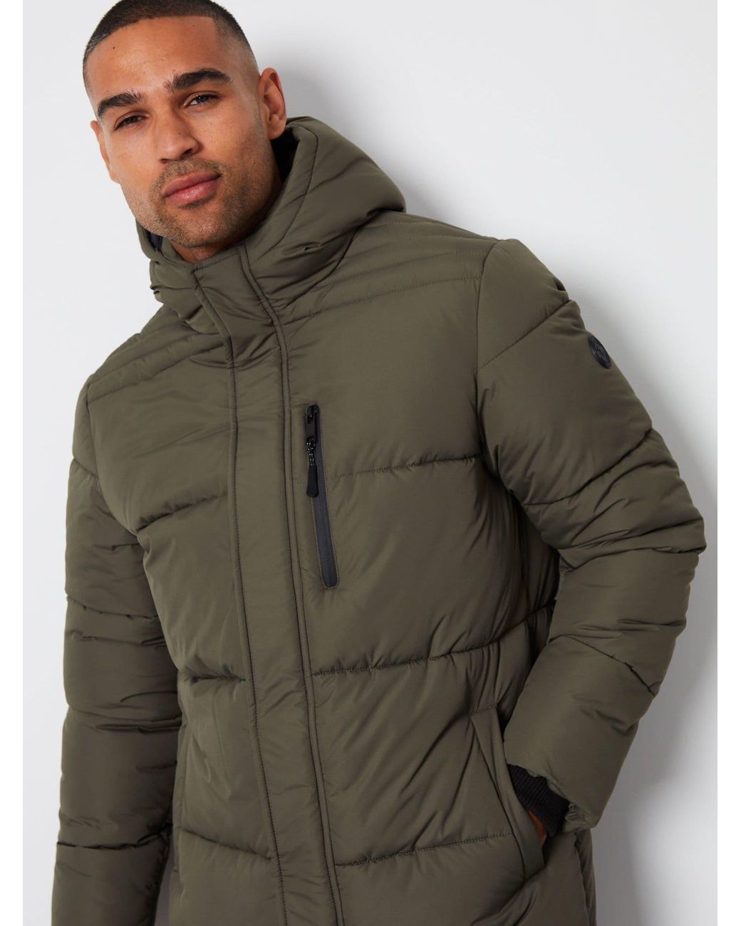 Threadbare Gray Showerproof Hooded Longline Puffer Jacket for men