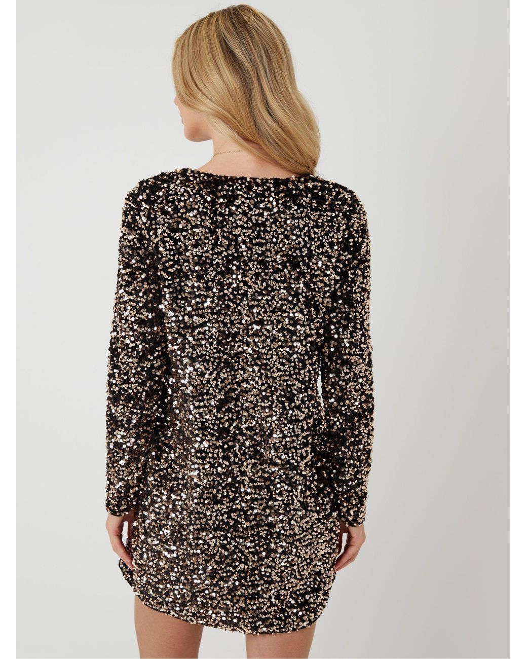 Threadbare Brown Sequin Velour V-Neck Mini Dress