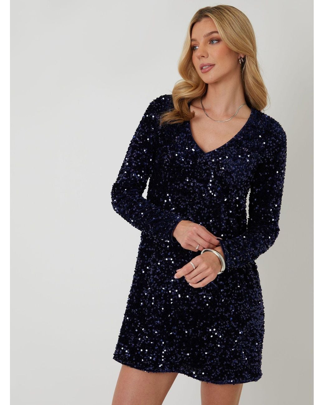 Threadbare Black Sequin Velour V-Neck Mini Dress