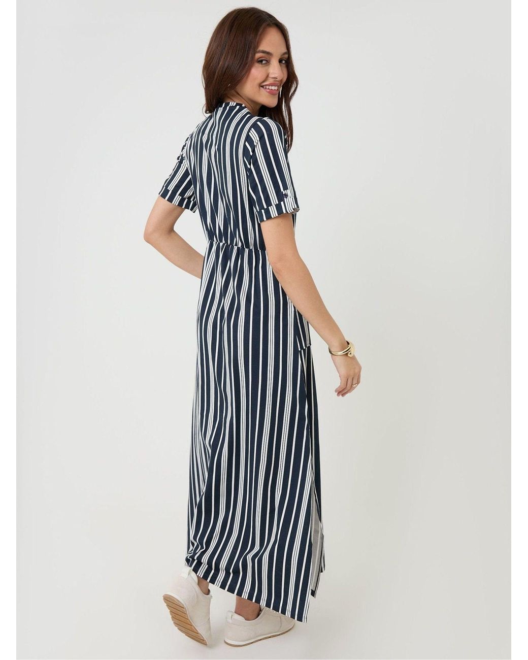 Threadbare Blue Stripey Crew Neck Jersey Midi Dress With Patch Pockets