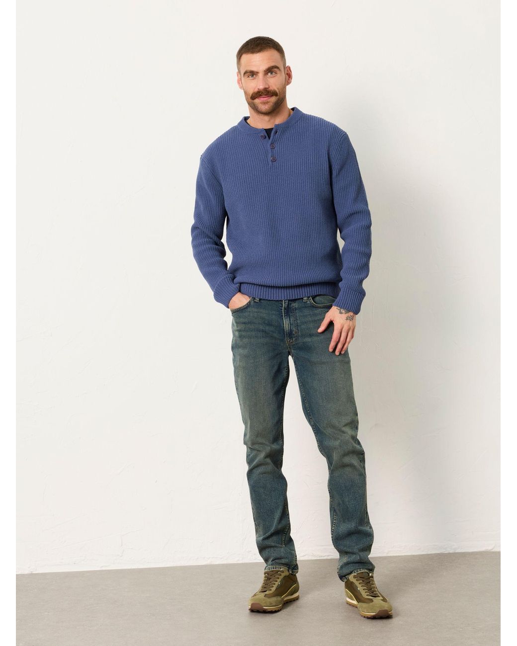 FatFace Blue Kelbrook Knitted Henley Jumper for men