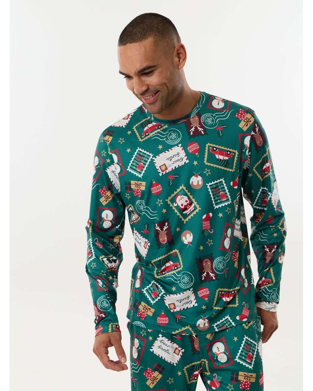 Threadbare Green Festive Stamps Pyjamas Set for men