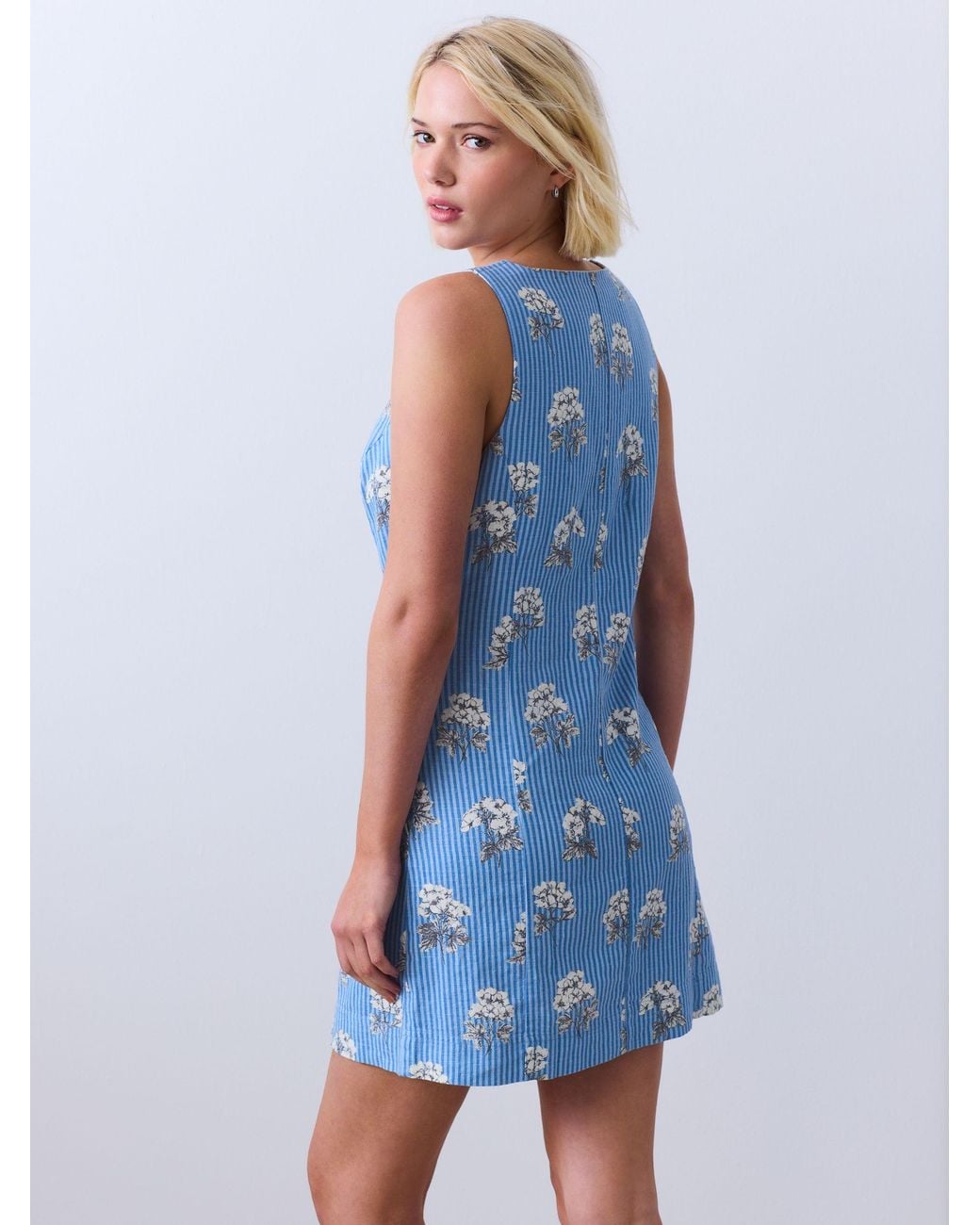 Next Blue Linen Rich Square Neck Button Through Mini Shift Dress