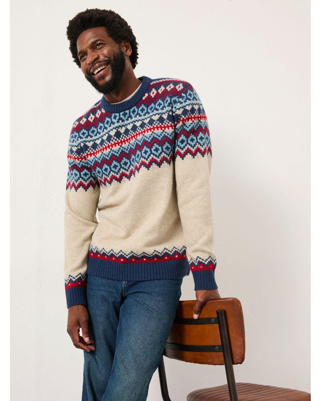FatFace Natural Hudson Knitted Fairisle Crew Jumper for men