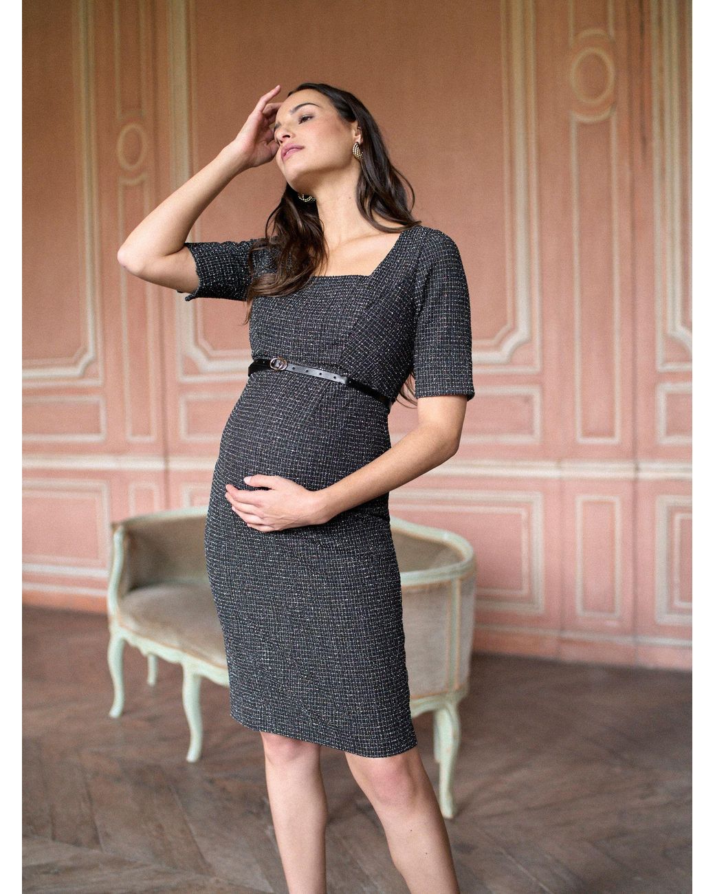Seraphine A-Line Stretch Tweed Maternity Dress in Black | Lyst