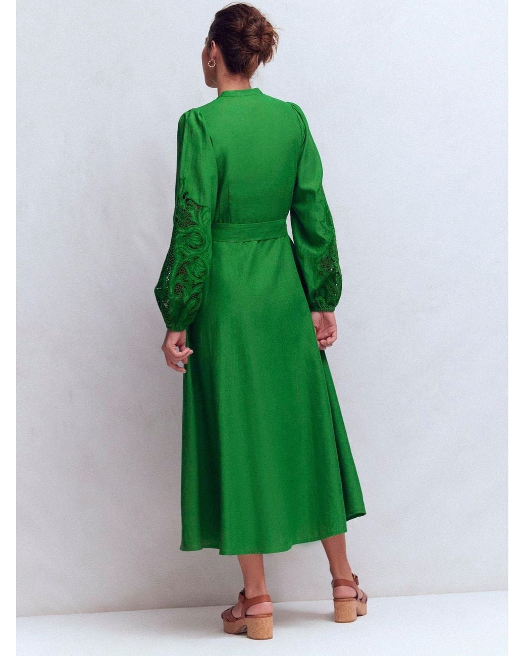 boden green silk dress Tie Neck Satin Midi Dress-Green Fir, Peony Bloom