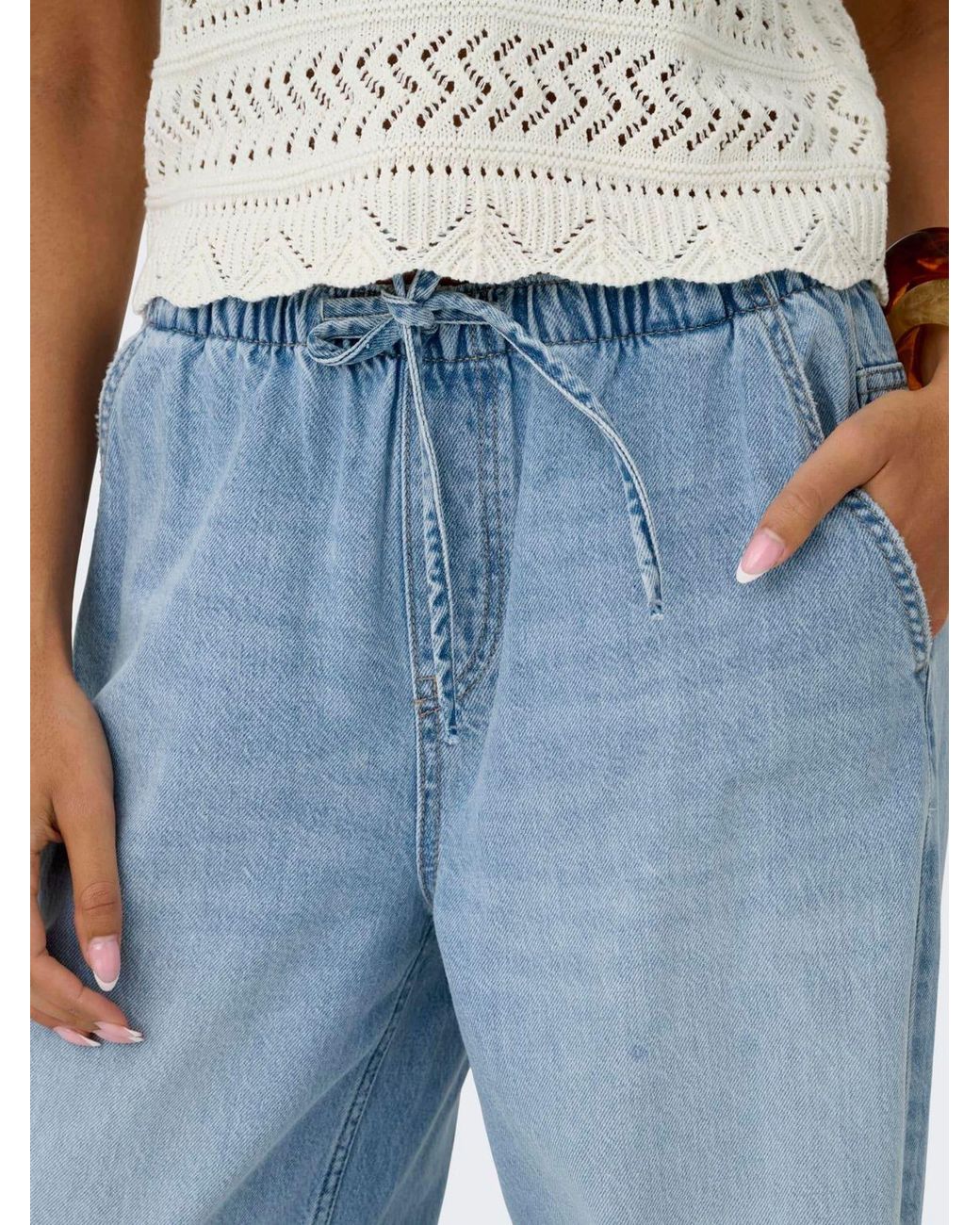 ONLY Blue Pull Up Draw String Soft Denim Trousers