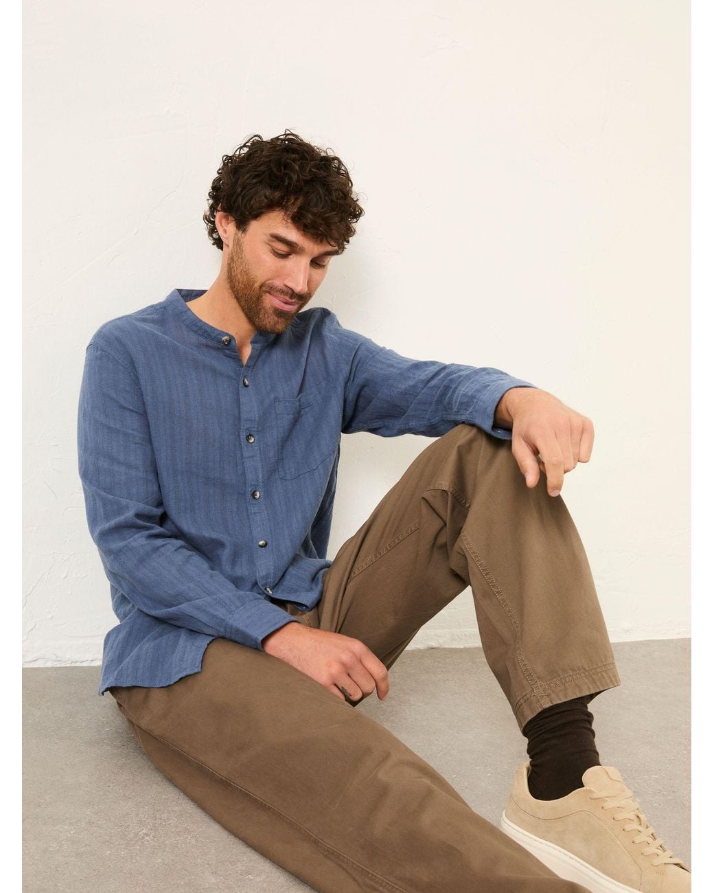 FatFace Blue Bugle Long Sleeve Grandad Linen Cotton Shirt for men