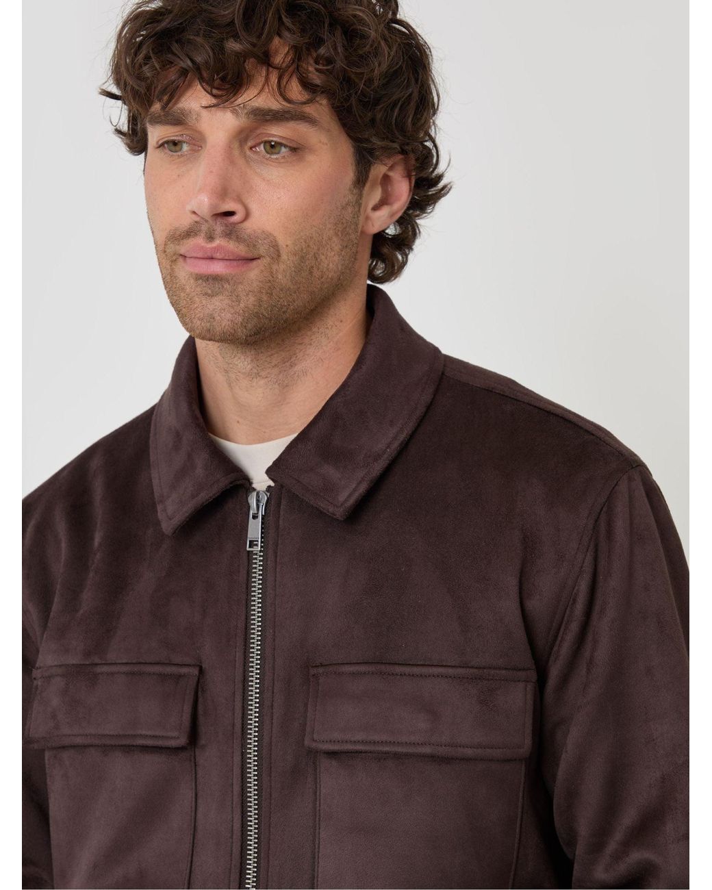 Threadbare Brown Faux Suede Collared Jacket for men