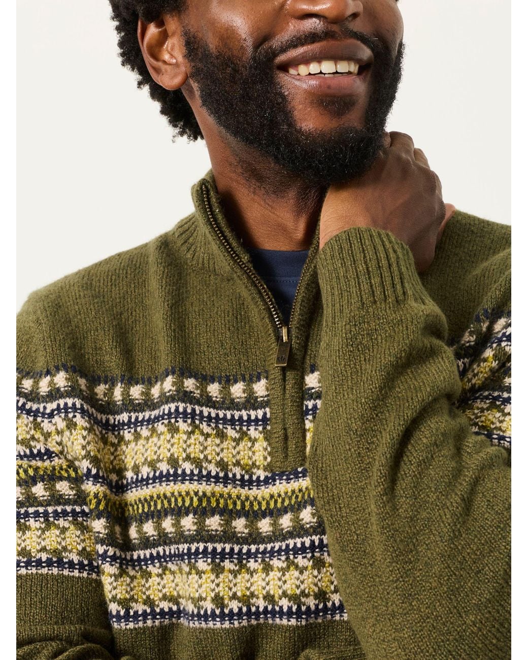 FatFace Green Selkirk Pattern Quarter Zip Knitted Jumper for men