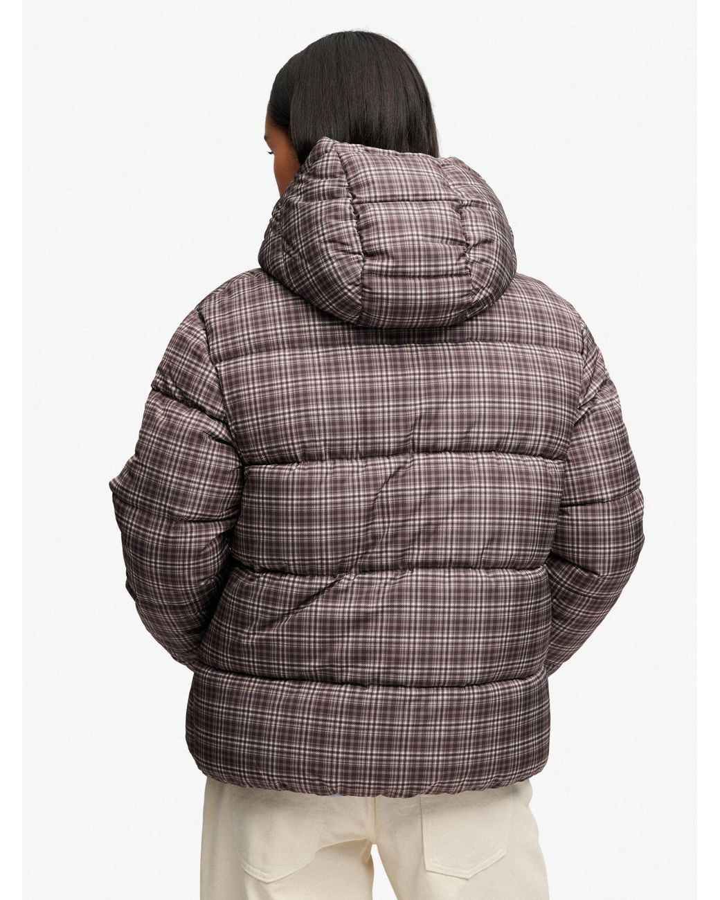 Superdry Gray Printed Check Premium Hooded Puffer Jacket