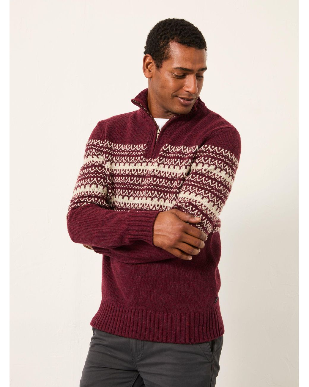 FatFace Brown Fairisle Knitted Half Neck Jumper for men