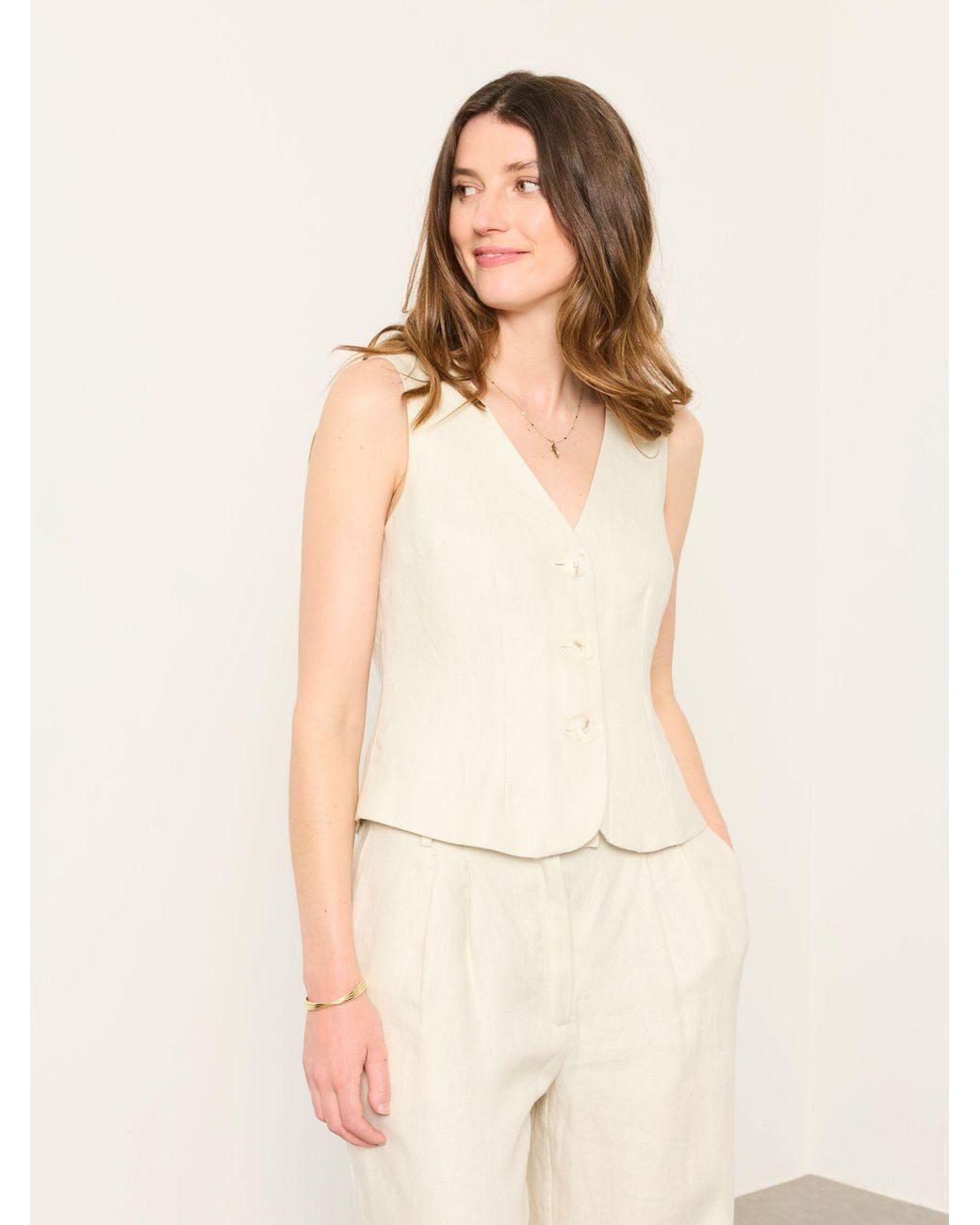 FatFace Natural Kiley Regular Linen Waistcoat
