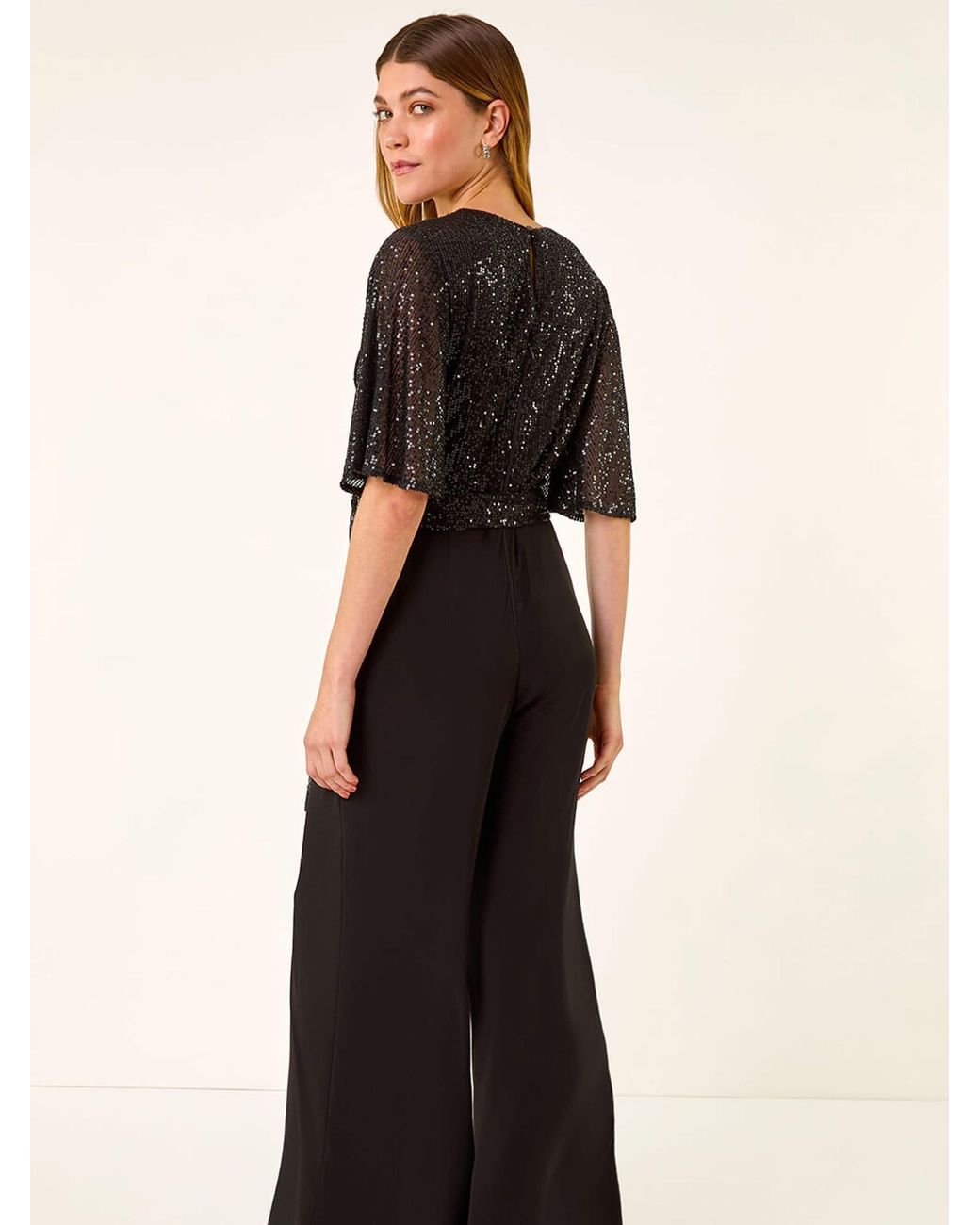 Roman Black Sequin Flutter Sleeve Stretch Jumpsuit