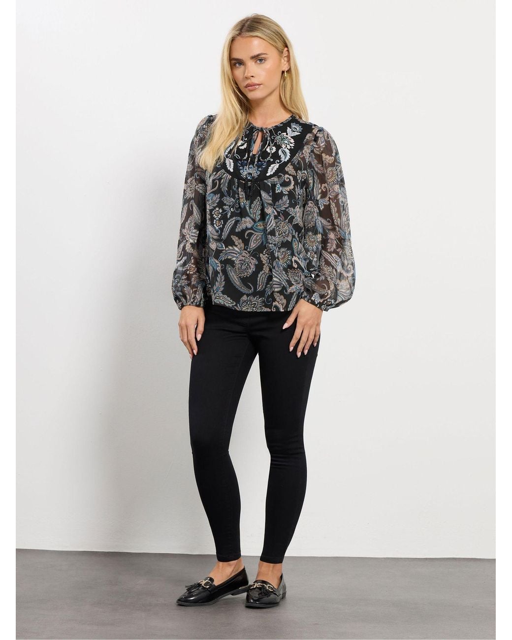 M Com Gray Petite Embroidered Boho Blouse