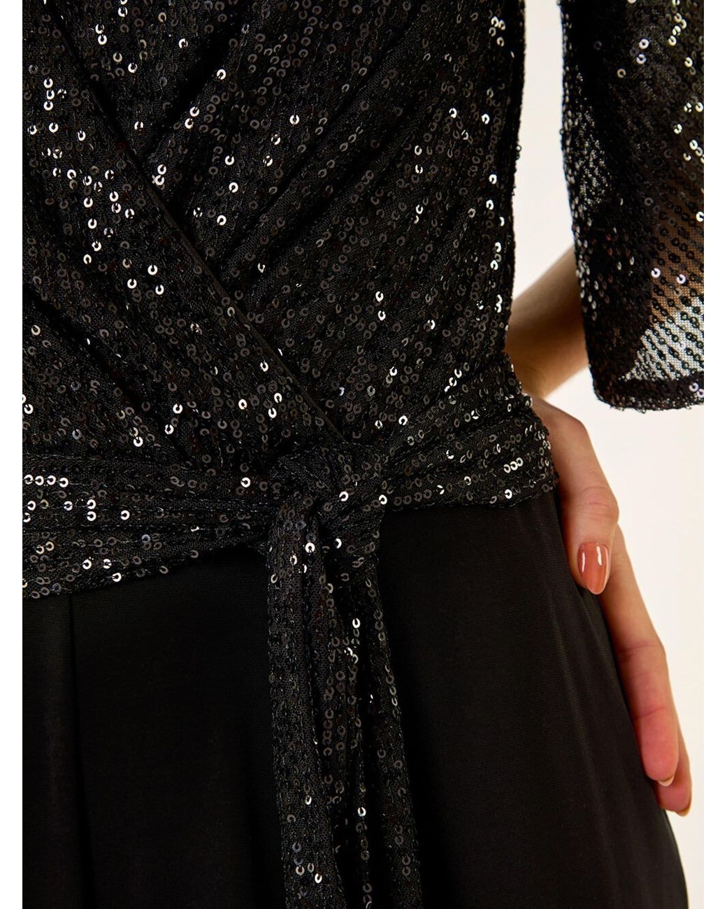Roman Black Sequin Flutter Sleeve Stretch Jumpsuit
