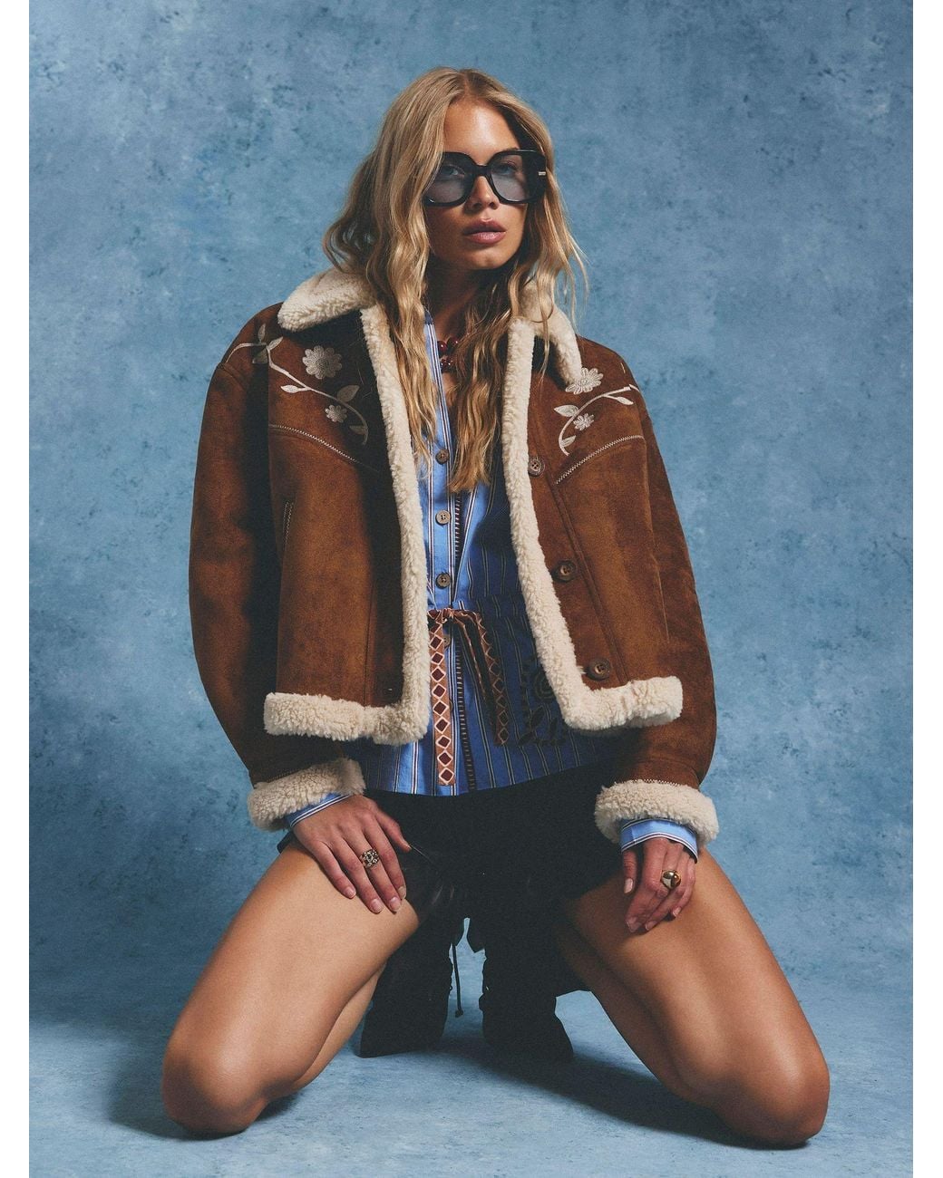 River Island Blue Embroidered Shearling Jacket