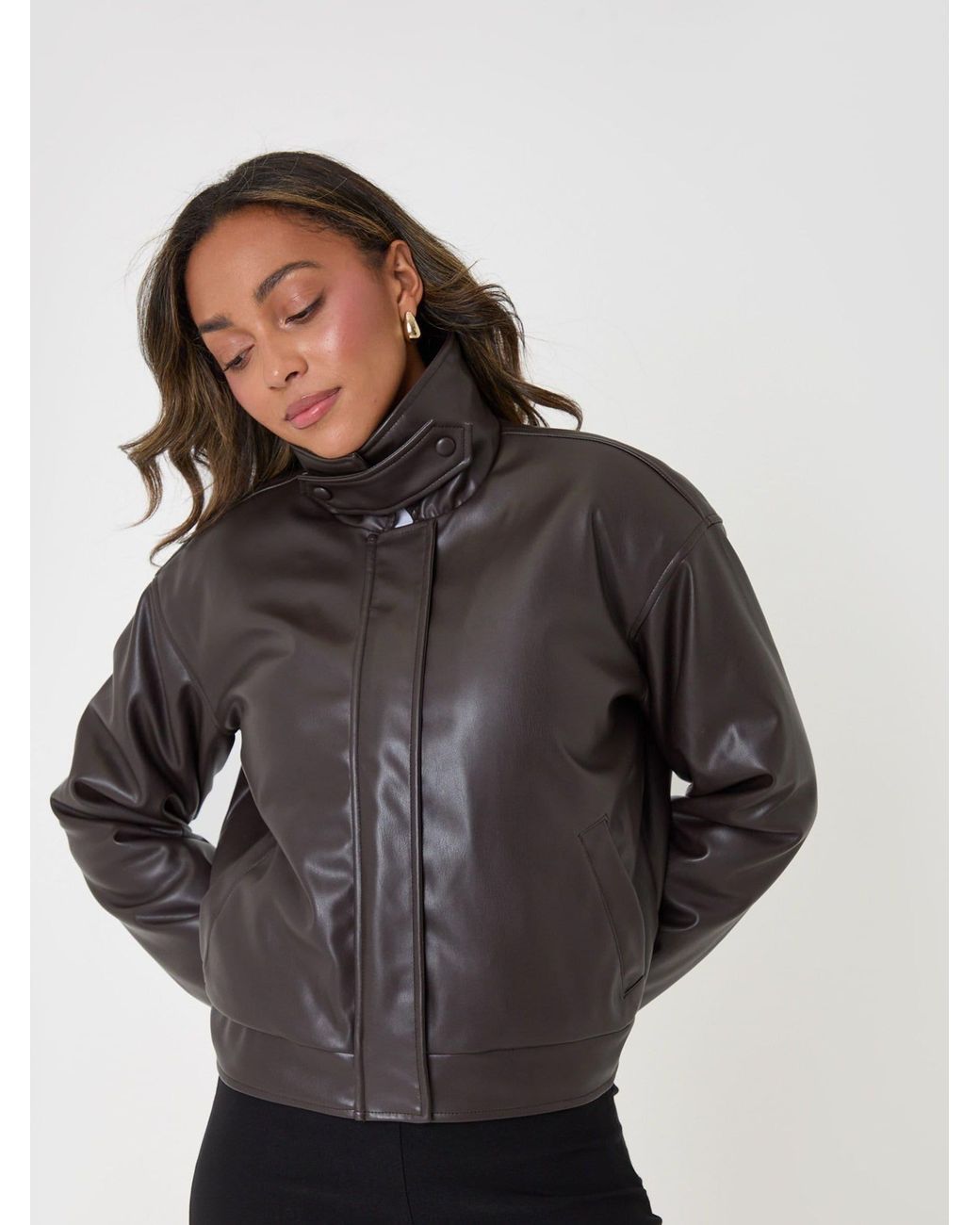 Threadbare Brown Faux Leather Bubble Bomber Jacket