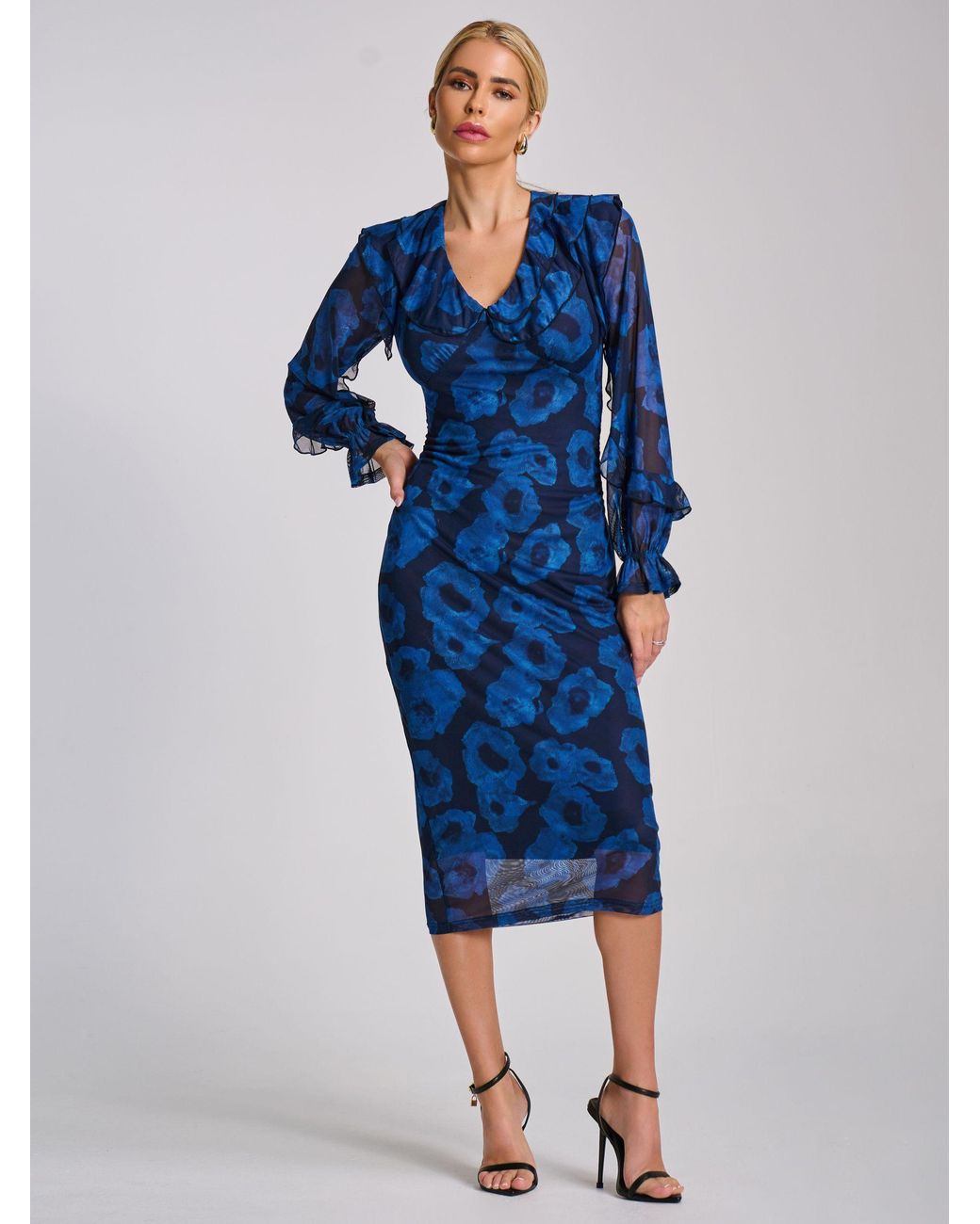 Jolie Moi Long Sleeve Ruffle Detail Mesh Bodycon Dress in Blue | Lyst Australia Jolie Moi Long Sleeve Ruffle Detail Mesh Bodycon Dress in Blue | Lyst Australia