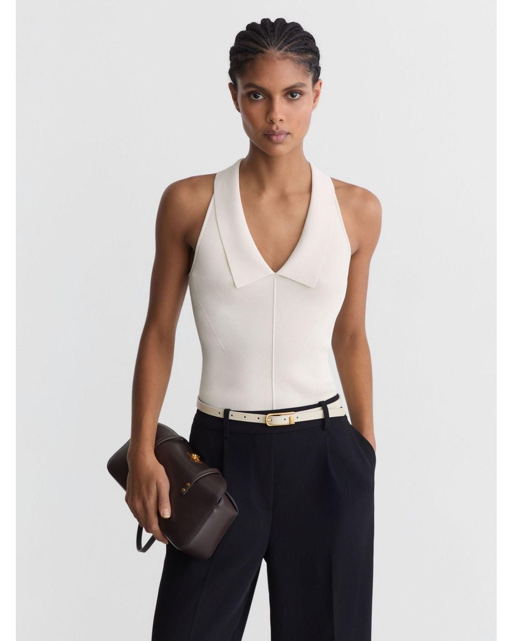 Reiss Black Elasticated-Waist Wide-Leg Twill Trousers