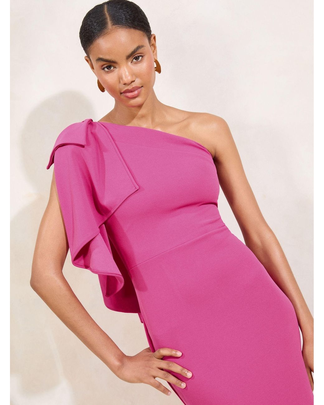 lipsy one shoulder ruffle dress Lipsy One Shoulder Bow Maxi Dress in Pink