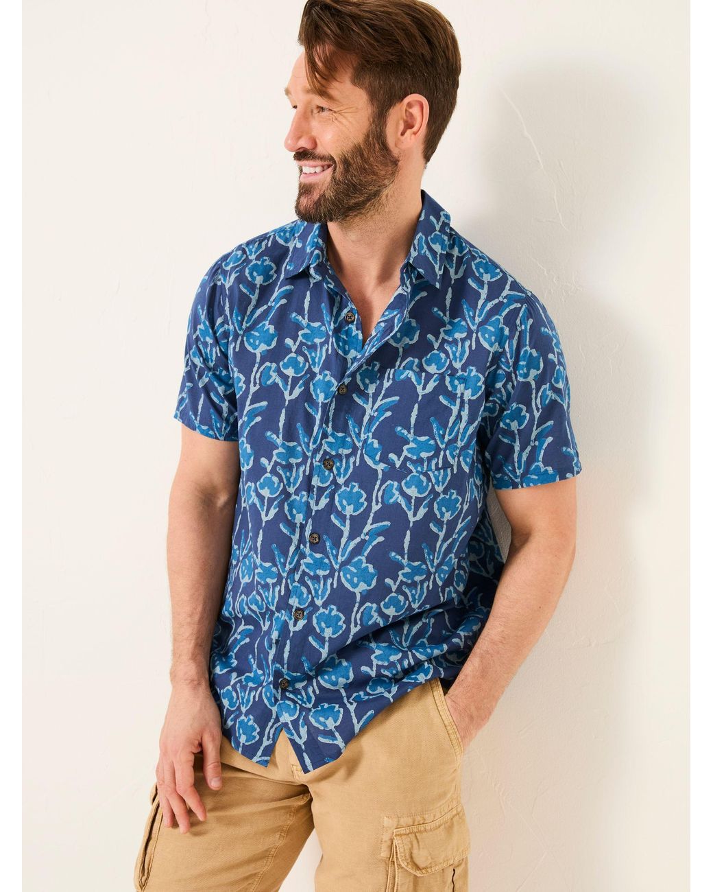FatFace Blue Short Sleeve Sprig Print 100% Cotton Shirt for men