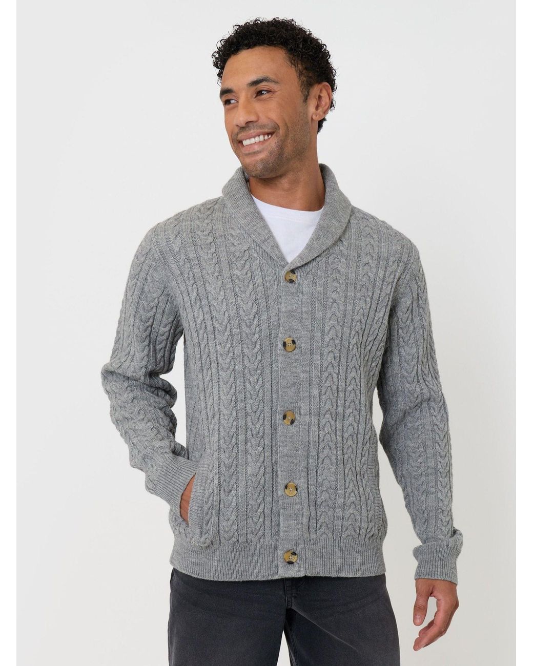 Threadbare Gray Cable Knit Shawl Cardigan for men