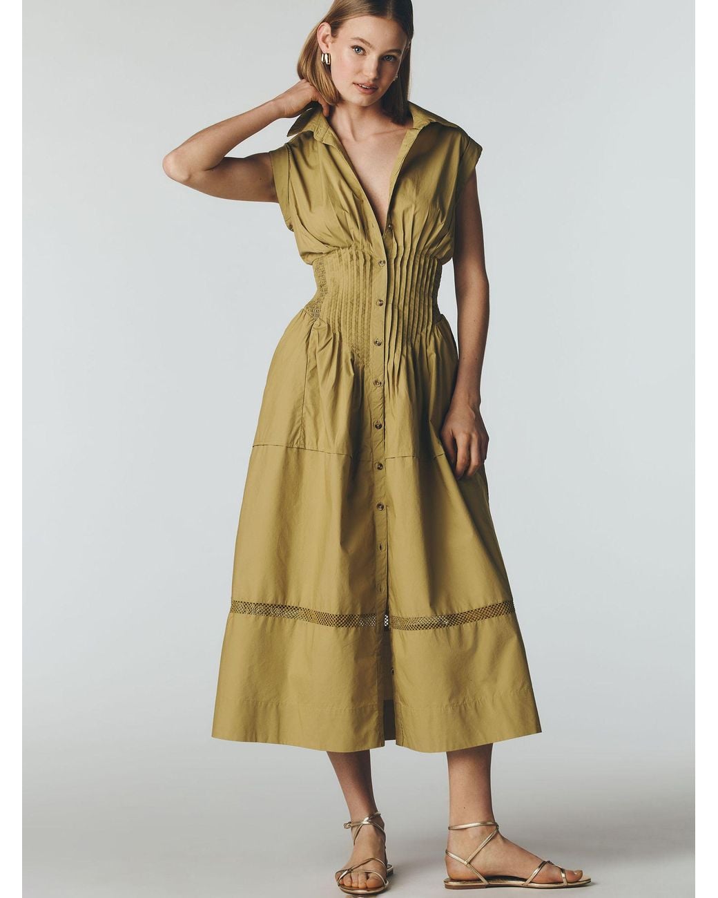 anthropologie green shirt dress Maeve Tailored Pintuck Midi in Midi dress