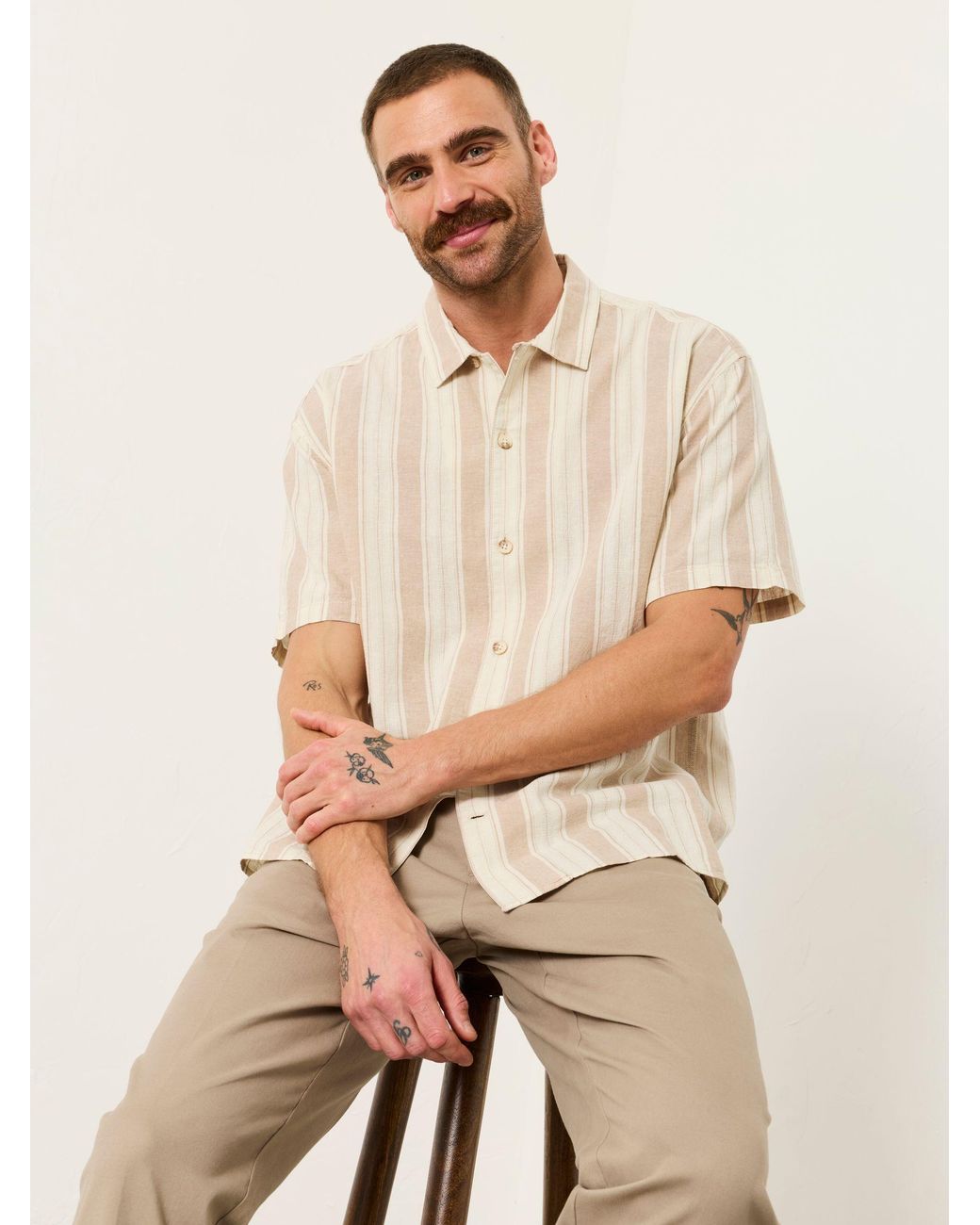FatFace Natural Short Sleeve Relaxed Fit Linen Cotton Stripe Shirt for men