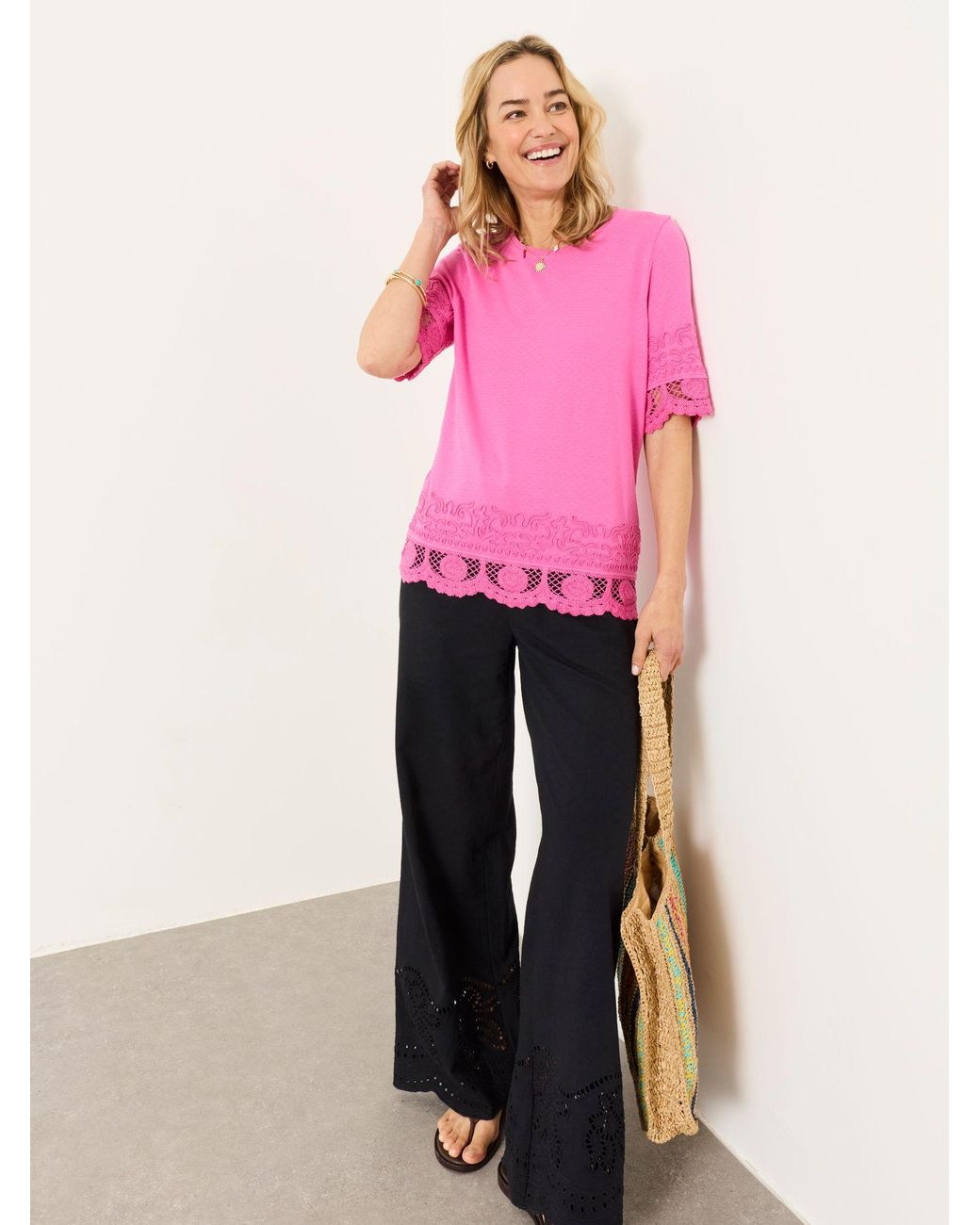 FatFace Pink Chloe Crochet Detail T-Shirt