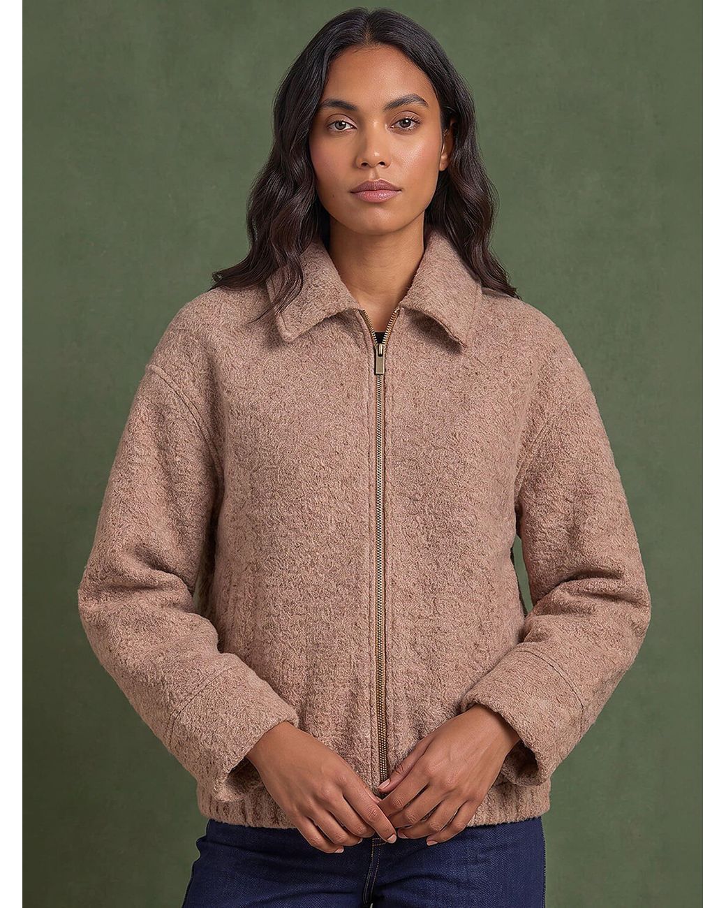 Roman Green Boucle Bomber Jacket
