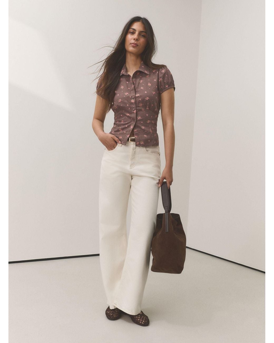 Next Brown Short Sleeve Button Front Top