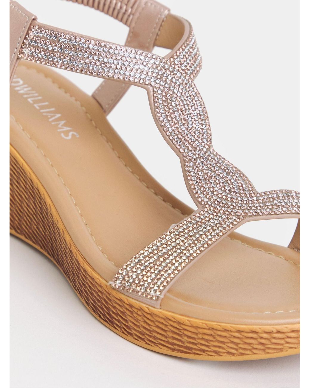 JD Williams Natural Rose Extra Wide Fit Sparkly T Bar Pattern Wedge Sandals