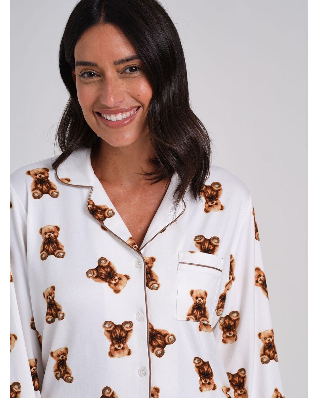 Loungeable White Teddy Bear Super Soft Long Sleeve Button Through Pyjamas Set