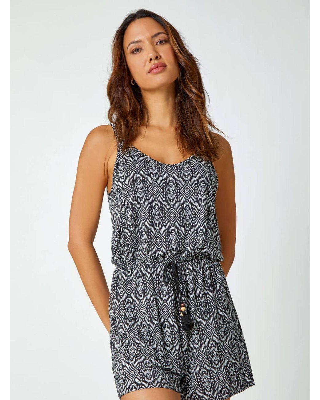 Roman Black Patterned Print Stretch Jersey Playsuit