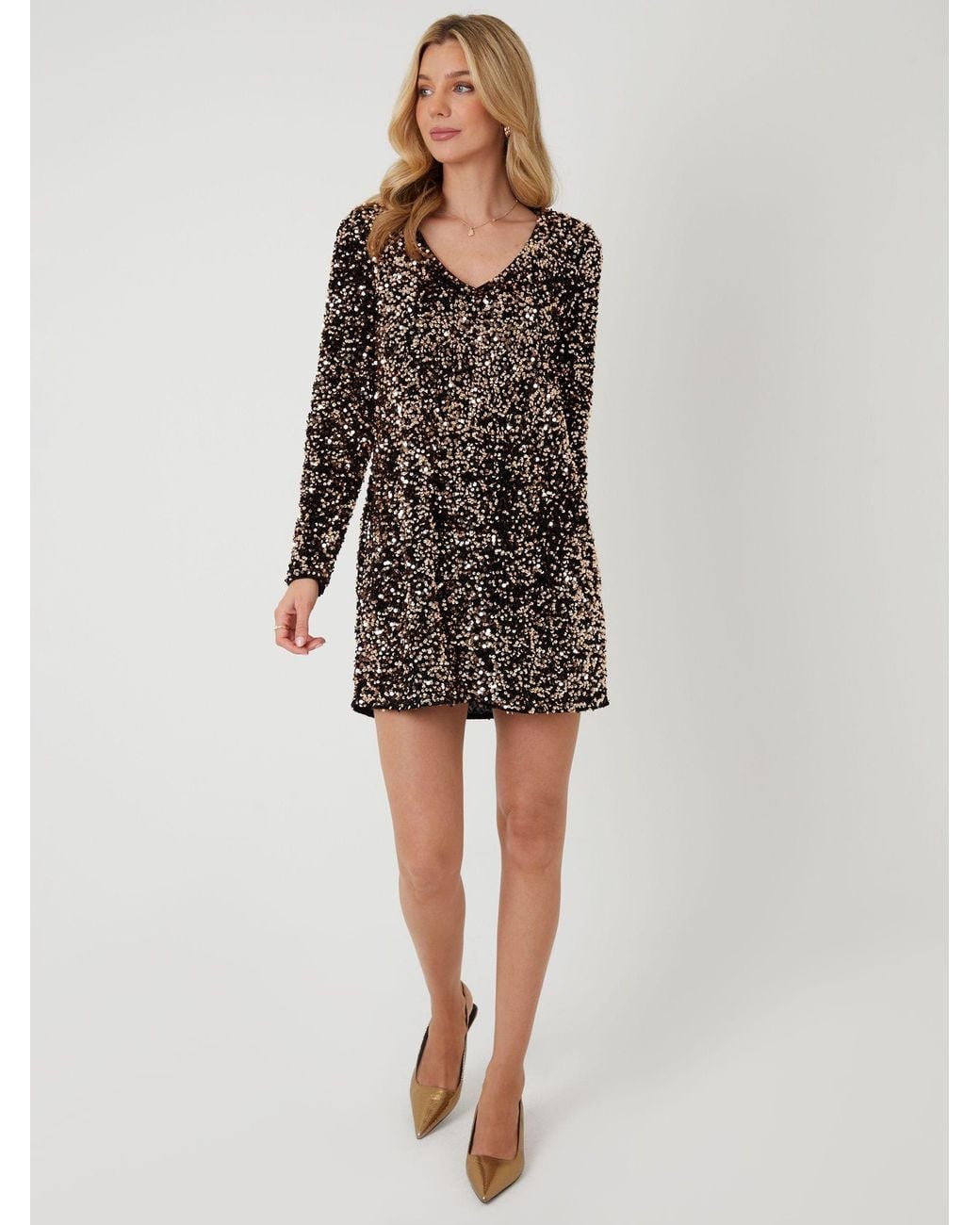 Threadbare Brown Sequin Velour V-Neck Mini Dress