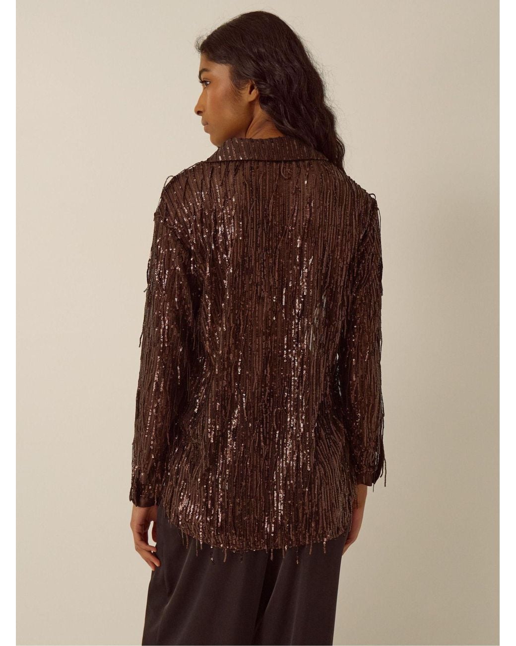 Satin Color Drips Monsoon Shelby Sequin Fringe Satin Shirt in Brown | Lyst