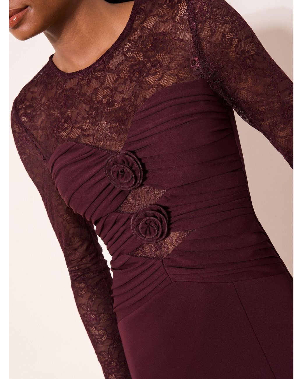 Lipsy Burgundy Lace Trim Ruched Maxi Dress in Red | Lyst