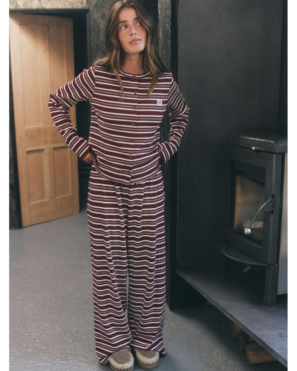 Self Brown Burgundy Long Sleeve Button Through Pyjamas