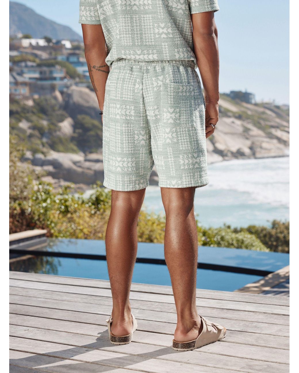 Next Blue Textured Geometric Pattern Jersey Shorts for men